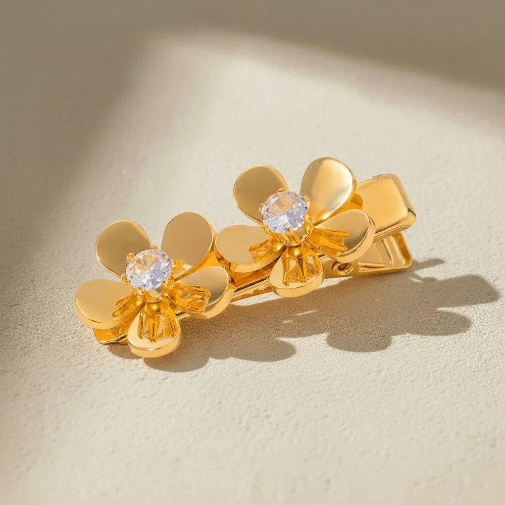 18K Gold Plated Stainless Steel Double Flower Crystal Barrett Elegant Hair Clip
